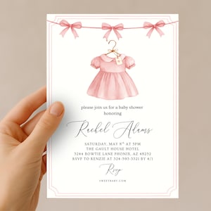 Blush Pink Bow Baby Shower Invitation Editable, Elegant Watercolor Coquette Bow Invitation, Pink Girl Baby Shower Invite, Pink Ribbon Canva