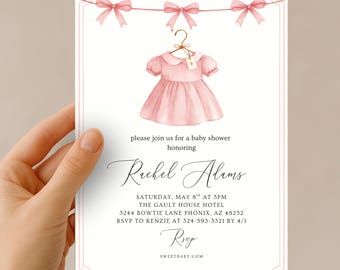 Blush Pink Bow Baby Shower Invitation Editable, Elegant Watercolor Coquette Bow Invitation, Pink Girl Baby Shower Invite, Pink Ribbon Canva
