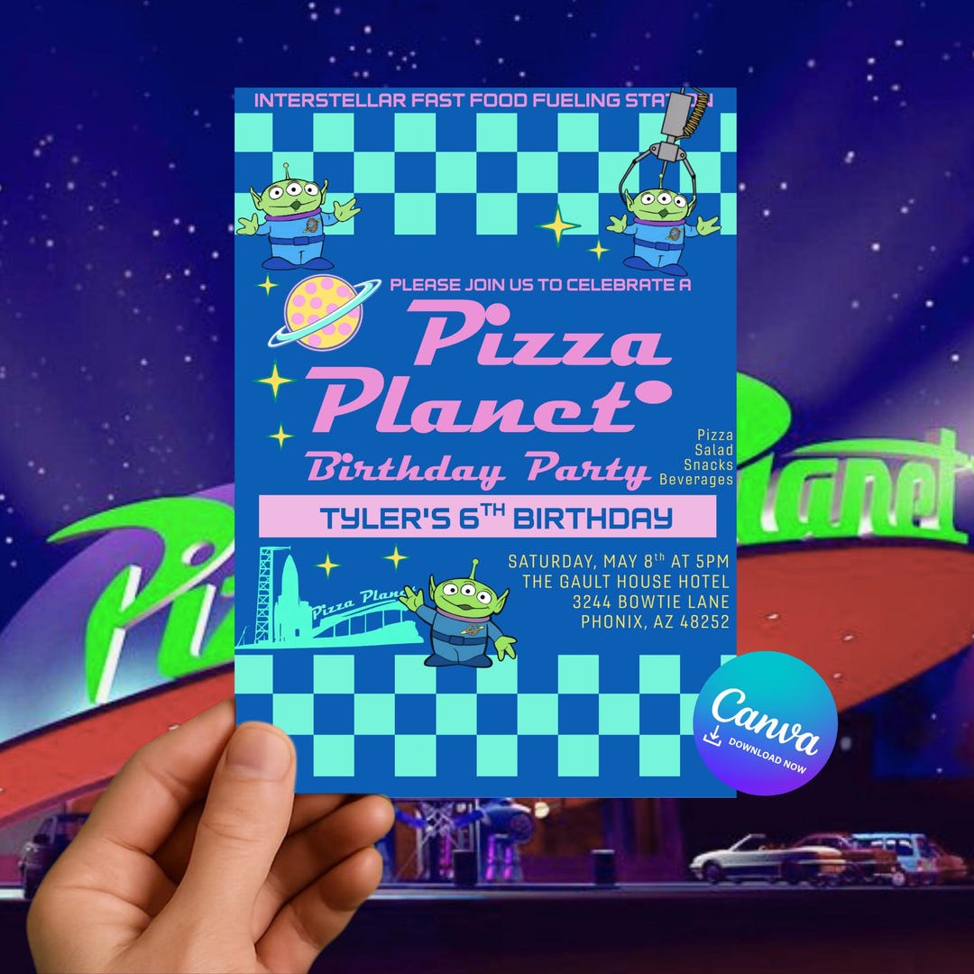 Editable Pizza Planet Toy Story Birthday Invitation, Space Theme ...