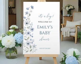 Blue Floral Baby Shower Welcome Sign: Boy Party Decor (Digital Download, 24x36/18x24/A1 Sizes)