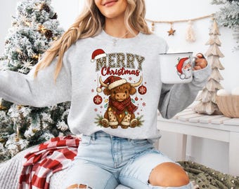クリスマスライトカウスウェットシャツ、クリスマスカウシャツ、おもしろ動物シャツ、クリスマスハイランドカウクルーネック、クリスマスシャツ、クリスマスギフト