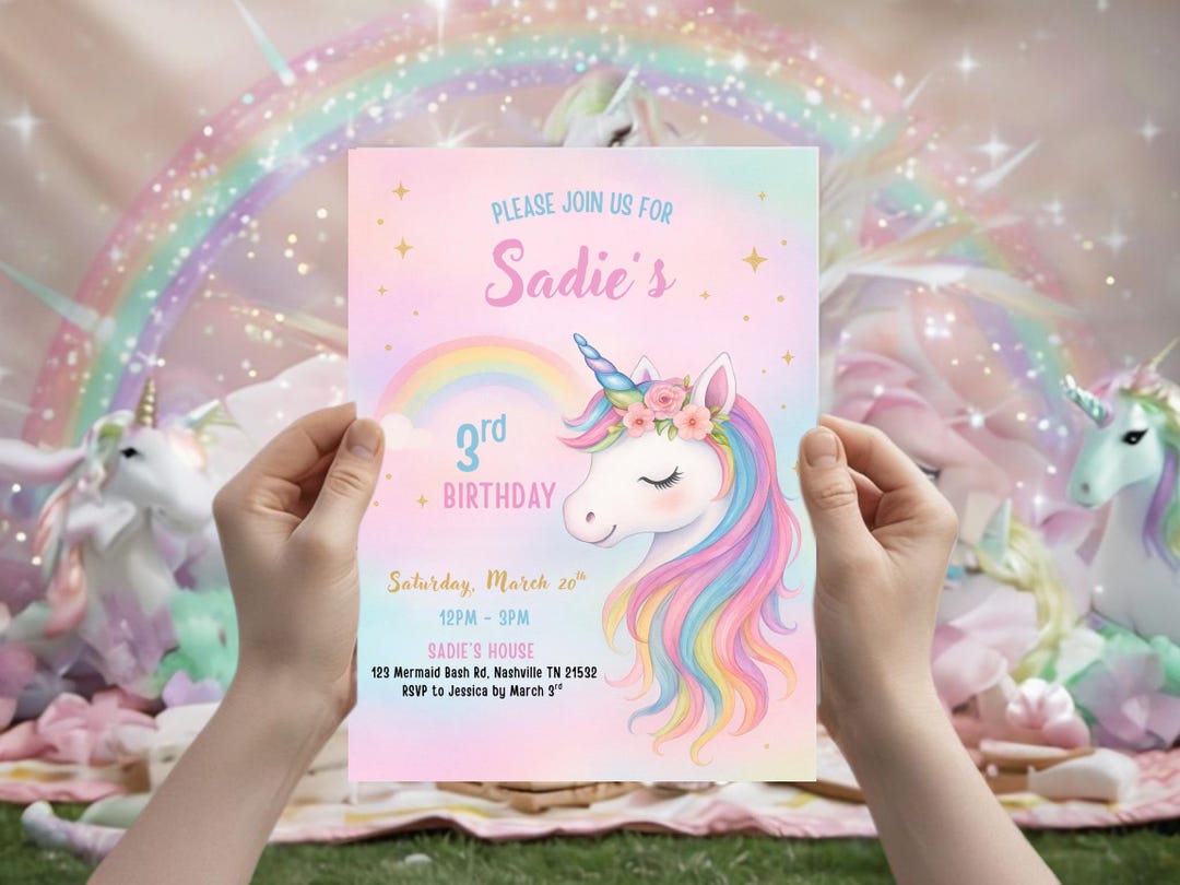Editable Unicorn Birthday Invitation Magical Pastel Rainbow Unicorn ...