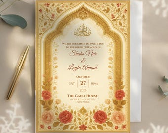May include: An ornate invitation card with a gold and cream color scheme. The card features floral and archway designs, with text inviting guests to a Nikah ceremony. The date and time are displayed in a classic font, with the names of the couple prominently featured.