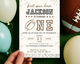Editable Football Birthday Invitation, First Year Down, Football Birthday, First Birthday Invite, Boy 1st Birthday, Game Om, Canva Template