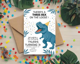 Blue Dinosaur Birthday Invitation Boy | Editable Three-Rex Invite | 3rd Birthday Party Digital Download | Printable T-Rex Invitation