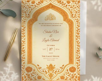May include: An invitation card with an ornate orange and cream design. The card includes the text "WE ARE DELIGHTED TO INVITE YOU TO THE NIKAH CEREMONY OF Shaha Nur & Layla Ahmad" and event details: October 27, 2025, 8 PM, at The Gault House, New York.