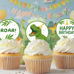 Dinosaur Cupcake Toppers, Personalized Dinosaur Photo Cupcake Toppers, Three-rex Party,Dinosaur Birthday Decor,Customizable Dinosaur Toppers