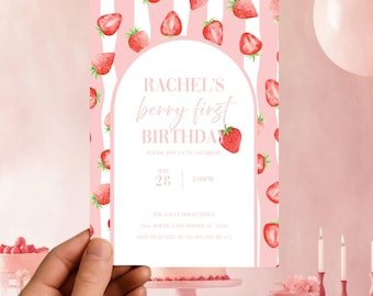 Berry First Birthday Invitation, Editable 1st Birthday Girl Invite, Printable Strawberry First Birthday Girl Invitation Template