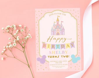 Faire-part le plus joyeux anniversaire sur terre, invitation vintage arc-en-ciel pastel, ballons château de Minnie Mouse premier 1er 2e 3e 4e 5e billet