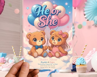 EDITABLE Teddy Bears Gender Reveal Invitation, Pink and Light Blue He or She, Teddy Bear Idea Gender Reveal Invite, Editable Canva Template
