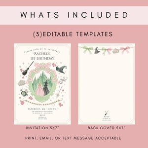 May include: A whimsical invitation design for a first birthday celebration. The invitation features a fairytale theme with illustrations of a witch, a princess, and magical elements. The text reads "Rachel's 1st Birthday". The back cover is also shown. The text says "Print, Email, or Text Message Acceptable".