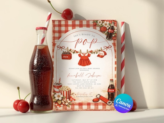 She's Ready to Pop Invite, Red Baby Shower Invitation, Soda Pop Theme, Soda Pop Girl Baby Shower, Editable Template Baby Shower Ideas