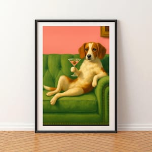 Retro Beagle Martini Wall Art - Dekoracja Bar Cart - Dekoracja Baru Koktajlowego - Malarstwo Olejne Vintage - Prezent Dla Miłośnika Psów - Wydrukowana Sztuka Ścienna Dla Zwierząt