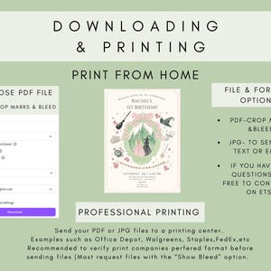May include: A digital download graphic with instructions for printing. The image includes a sample invitation with a fairytale theme, a PDF download option, and information about professional printing services.