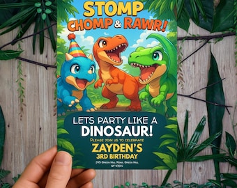 Edytowalne zaproszenie na dinozaura, zaproszenie na przyjęcie urodzinowe dinozaura, zaproszenie na przyjęcie T-Rex, zaproszenie na urodziny dinozaura, edytowalny szablon Canva