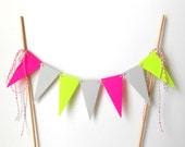 Cake Bunting, Neon Triangle Pennants - Summer Wedding, Spring, Bright, Colorful, Pink, Yellow, Gray, Grey, Green, Decoration, Dessert, Paper
