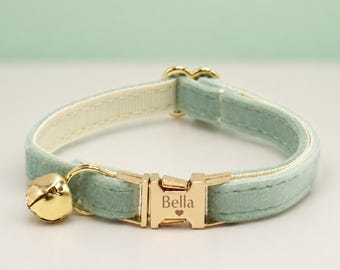 Conjunto de collar y correa personalizados para gatos con lazo, hebilla dorada grabada, collar verde para mascotas, collar para perros pequeños, regalo para gatitos y cachorros.