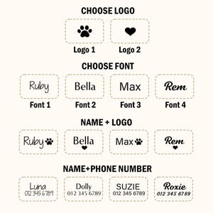 May include: A customization guide featuring black text and icons on a light background. Sections include CHOOSE LOGO with paw and heart icons, CHOOSE FONT with four styles, NAME + LOGO combinations, and NAME+PHONE NUMBER examples with placeholder digits.