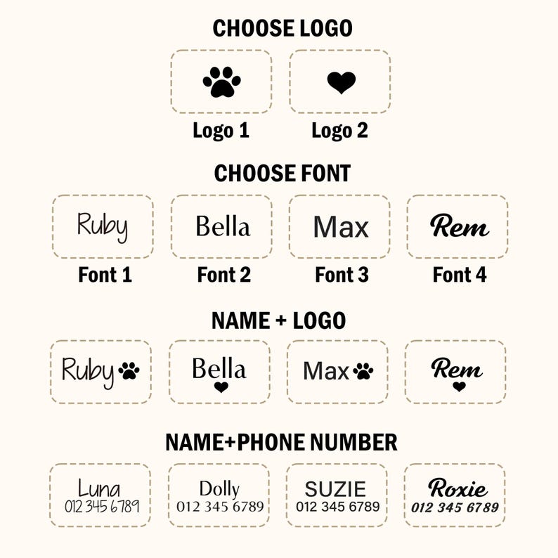 May include: A customization guide featuring black text and icons on a light background. Sections include CHOOSE LOGO with paw and heart icons, CHOOSE FONT with four styles, NAME + LOGO combinations, and NAME+PHONE NUMBER examples with placeholder digits.