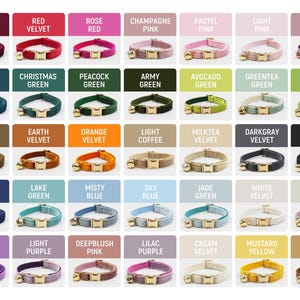 May include: A grid of forty-two pet collars in various colors, each featuring a gold-toned metal buckle and a small gold bell. The colors include burgundy, red, pink, green, blue, brown, gray, black, purple, yellow, and cream shades.
