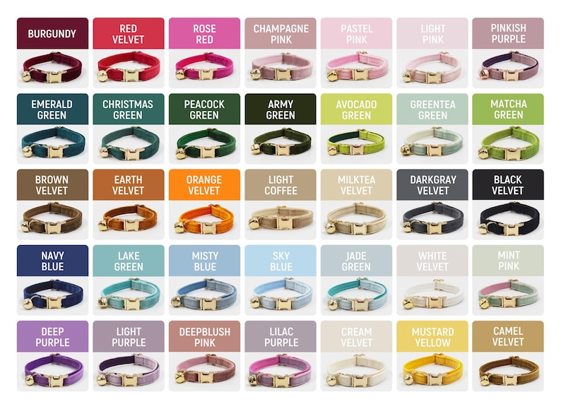 May include: A grid of forty-two pet collars in various colors, each featuring a gold-toned metal buckle and a small gold bell. The colors include burgundy, red, pink, green, blue, brown, gray, black, purple, yellow, and cream shades.