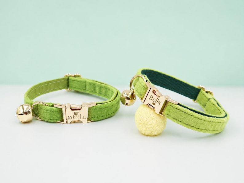 Personalised Cat Collar Leash Set with Bow, Engraved Gold Buckle, Green Pet Collar,, Small Dog Collar, Kitten Puppy Gift image 2