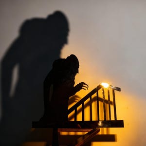 May include: Silhouette of a creature with long claws descending a staircase. The figure is dark against a bright, yellow-orange light. A large shadow of the creature is cast on the wall.