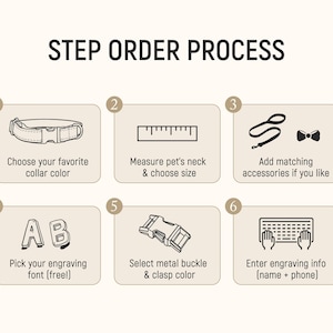 May include: A six-step order process infographic with the title STEP ORDER PROCESS. Step 1: Choose your favorite collar color. Step 2: Measure pet's neck & choose size. Step 3: Add matching accessories if you like. Step 4: Pick your engraving font (free!). Step 5: Select metal buckle & clasp color. Step 6: Enter engraving info (name + phone).