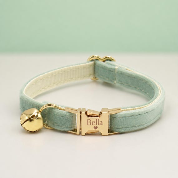 Personalised Cat Collar Leash Set with Bow, Engraved Gold Buckle, Green Pet Collar,, Small Dog Collar, Kitten Puppy Gift