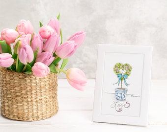 Heart Topiary Watercolor Print with Mat