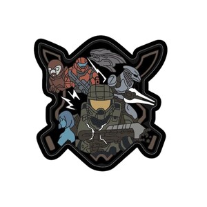 Puede incluir: Una pegatina troquelada en negro y marrón con una ilustración detallada de personajes de la serie de videojuegos Halo. El diseño incluye a Master Chief, otros Spartans y personajes alienígenas, todo dentro de un emblema estilizado.