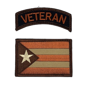Tan puerto rico veteran rocker and flag 3x2 and 3x1 inch patch hook fastener backing for clothing, gear, and more