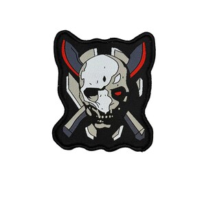 May include: A black patch featuring a skull with a red eye and crossed axes. The skull is white and gray, with gray and red accents on the axes. The patch has a black border.