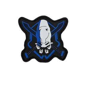 May include: Embroidered patch featuring a stylized skull with blue and white accents, crossed swords, and a black background. The patch has a unique shape with blue border details. Ideal for jackets, bags, or other fabric items.