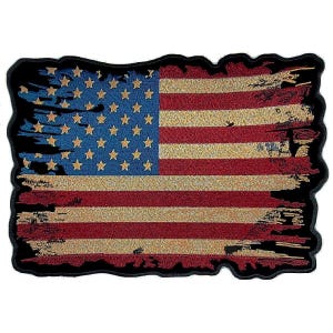 May include: A rectangular embroidered patch featuring a distressed American flag design. The patch displays a blue field with gold stars on the left and horizontal red and gold stripes on the right, all bordered by a thick black stitched edge.