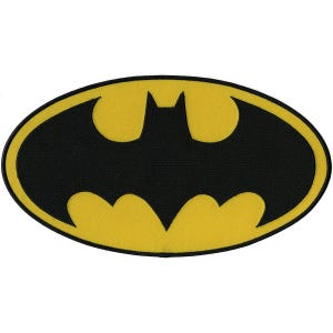 May include: An oval-shaped embroidered patch featuring a black bat silhouette centered on a vibrant yellow background. The design is enclosed by a thin black border, creating a distinct contrast between the dark central figure and the bright yellow oval.