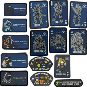 May include: A collection of navy blue patches featuring characters and quotes from a video game. The patches include playing card designs with character names like Jorge, Kat, and Carter. Other patches have phrases such as "Remember Reach" and "Achievement Unlocked."