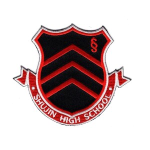 May include: A shield-shaped embroidered patch featuring a black background with two red chevron stripes and a red section symbol. A red banner at the bottom contains the white text SHUJIN HIGH SCHOOL, all outlined in white and red thread.