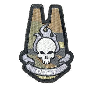 May include: A military-style patch with a skull and flames design, set on a camouflage pattern. The patch has a black border and a banner at the bottom with the text "ODST" in white.