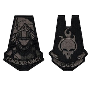 May include: Two embroidered patches in black and gray. The left patch is trapezoidal, featuring a helmeted figure, a mountain, a sword, and the text REMEMBER REACH. The right patch is shield-shaped, displaying a skull with flames and the text ODST.