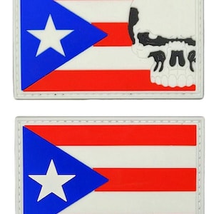 May include: Two rectangular morale patches featuring the Puerto Rican flag design with red and white horizontal stripes and a blue triangle with a white star. The top patch includes a stylized white skull graphic with black details on the right side.