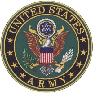 May include: A circular embroidered patch featuring the United States Army emblem. The design includes a central bald eagle with a shield, holding arrows and an olive branch, surrounded by a dark green field and a black border with gold stars.