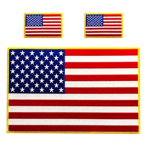 May include: Three embroidered patches featuring the flag of the United States of America. The design includes a blue canton with white stars and alternating red and white horizontal stripes, all bordered by a thin yellow stitched edge.