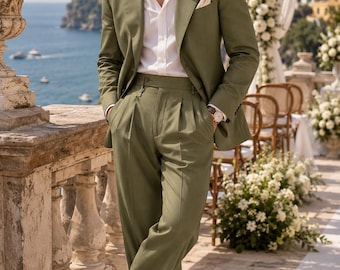Traje de algodón verde oliva para hombre, traje de boda de corte coreano, pantalón ancho plisado, traje de la Costa Amalfitana de la vieja aristocracia, novio para boda en la playa