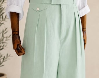 Vintage mint Linen Pleated Wide Leg Trousers, High Waisted Summer Beach Wedding Pants