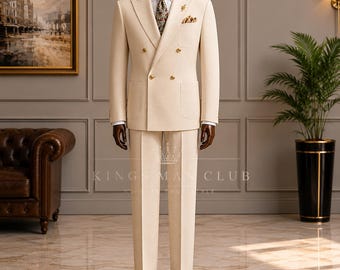 Traje cruzado de lino color marfil para hombre / Atuendo de novio de estilo vintage para bodas
