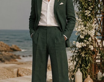 Traje de boda de lino verde bosque para hombre, atuendo de novio de clase alta, pantalones de lino de pierna ancha, traje de boda para la playa.
