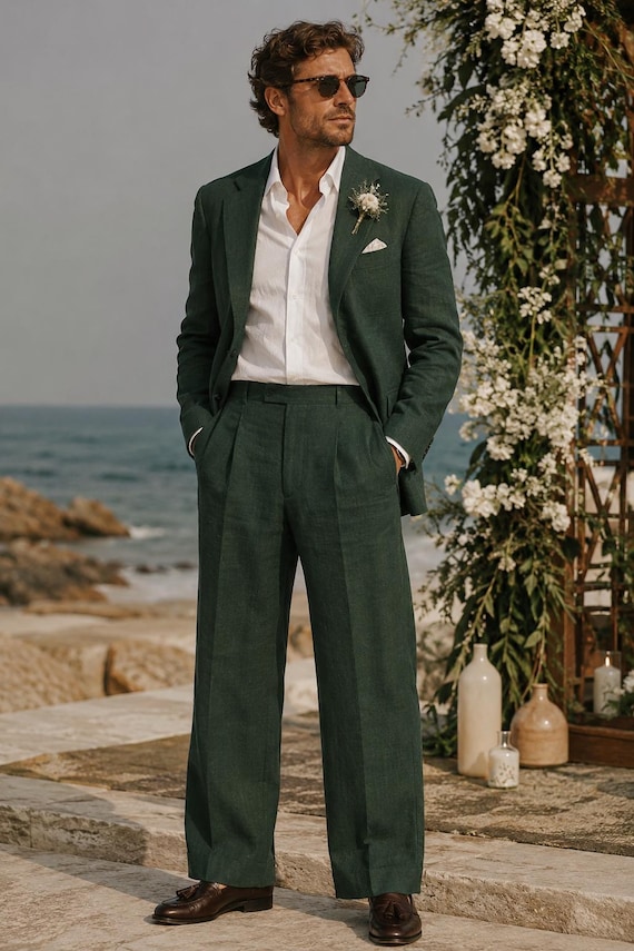 Forest Green Linen Wedding Suit for Men, Old Money Groom Outfit, Wide Leg Linen Trousers, Beach Wedding Suit.