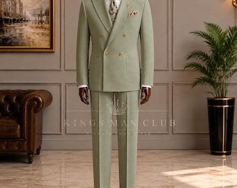 Men's Sage Green Linen Double Breasted Suit, Vintage Tailored Wedding Attire