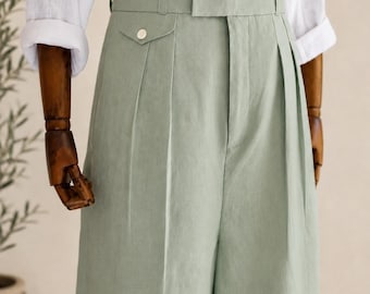 Vintage sage green Linen Pleated Wide Leg Trousers, High Waisted Summer Beach Wedding Pants
